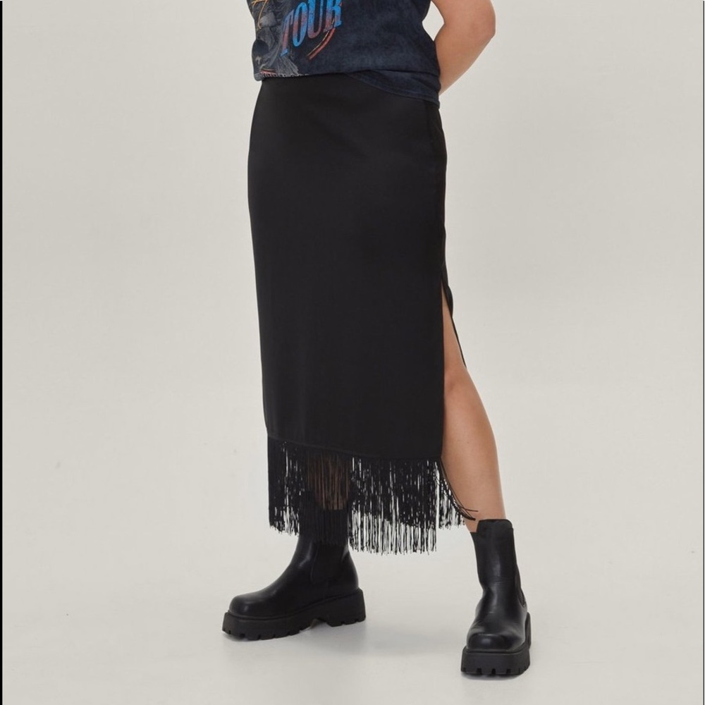 Plus Size Satin Fringe Hem Maxi Skirt